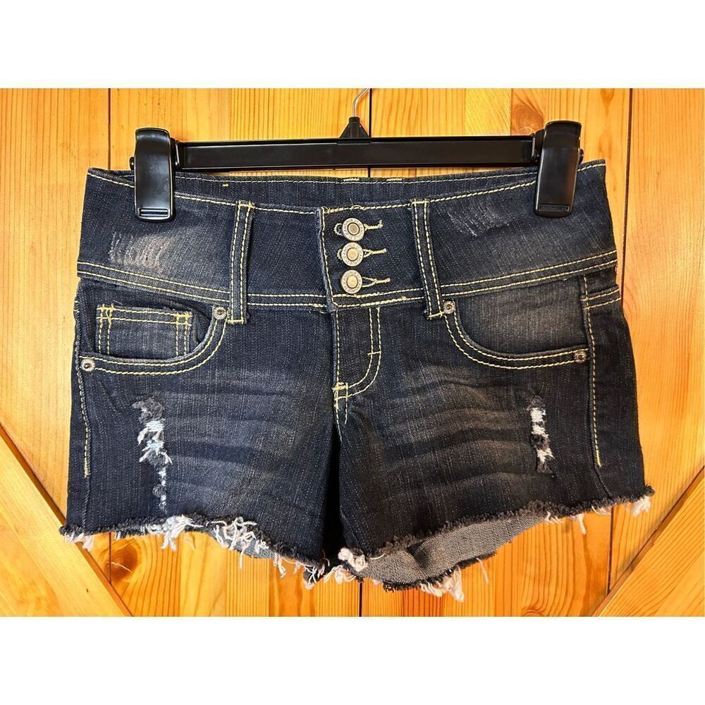Rue 21 Shorts Dark Wash Stretchy Distressed Raw Hems Size 0/1 (3861)